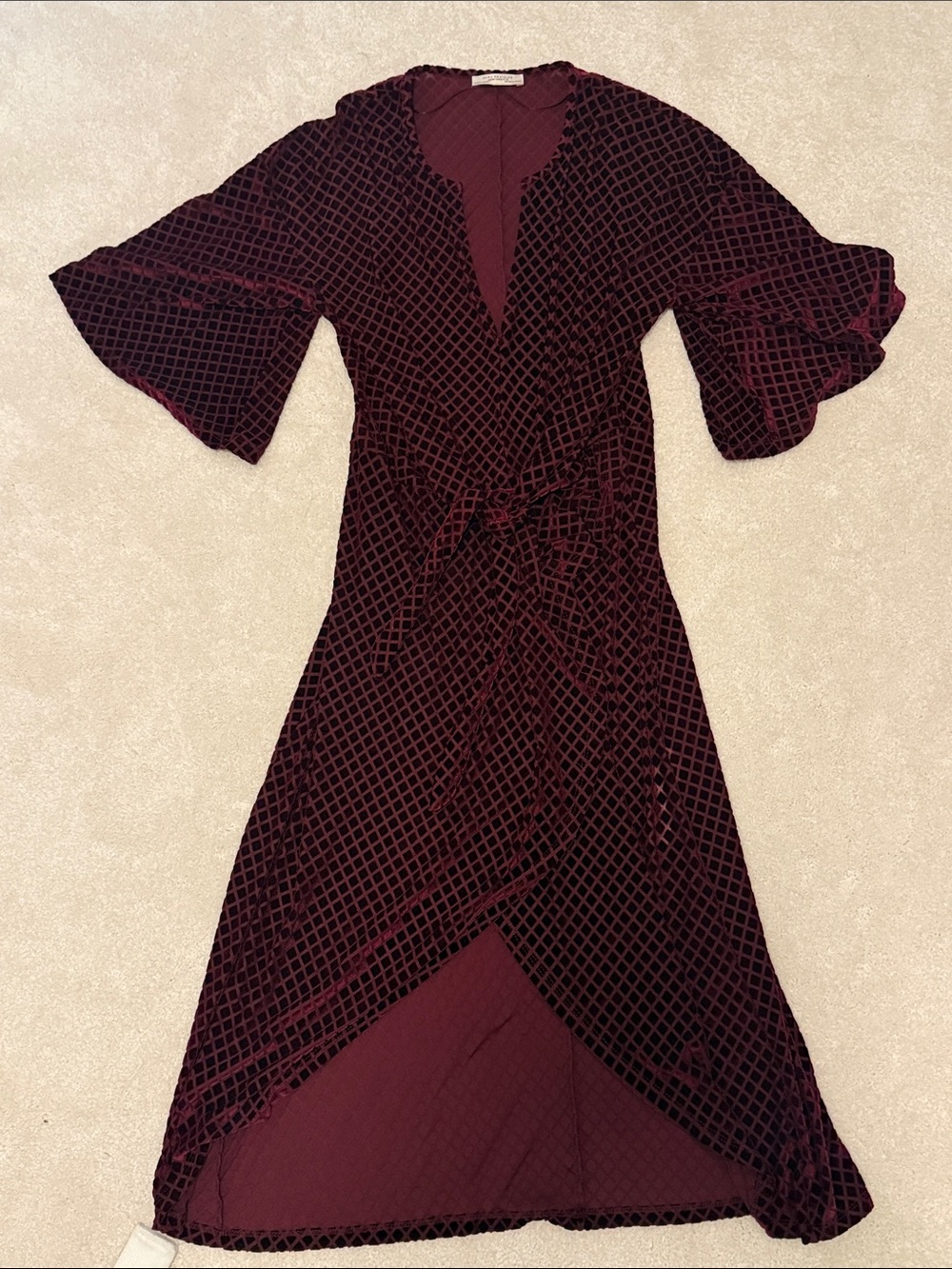 Zara Burgundy Velvet Wrap Maxi Dress with Geometric Burnout